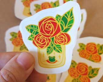 Floral Critters Sticker - Rose Froggy - Cute | Whimsical | Red Roses | Green Frog | Vinyl Stickers | Ong Lai Art