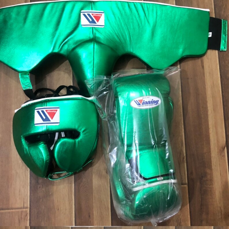 Custom green winning boxing gloves set winning head guard Etsy