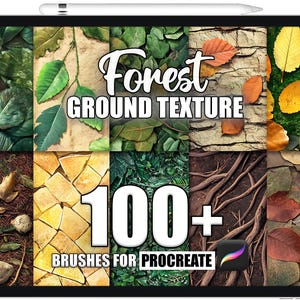 Puede incluir: Una ilustración digital de una pantalla de tableta que muestra un conjunto de más de 100 pinceles de textura de suelo de bosque para Procreate. La imagen muestra una variedad de texturas, incluyendo hojas, tierra, rocas y raíces.