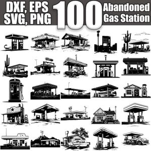May include: A set of 100 black and white illustrations of abandoned gas stations. The illustrations are in a variety of styles, including cartoon, realistic, and stylized. The illustrations are perfect for use in digital and print projects.