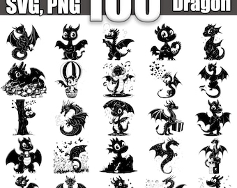 May include: A collection of 100+ black and white cartoon dragon illustrations. The dragons are in various poses and settings, including flying, sitting, and standing. Some dragons are holding objects, such as a gift box, a book, or a musical note.