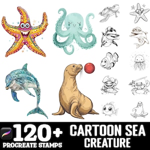 100+ tekenborstelset cartoon zeedieren voortplanten | Stempelborstels voortplanten | Directe digitale download