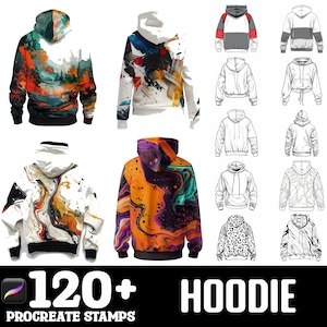 May include: A set of 120+ Procreate stamps featuring different hoodie designs. The stamps include various colors and patterns, such as abstract art, marble, and tie-dye. The stamps are perfect for creating custom designs for hoodies.
