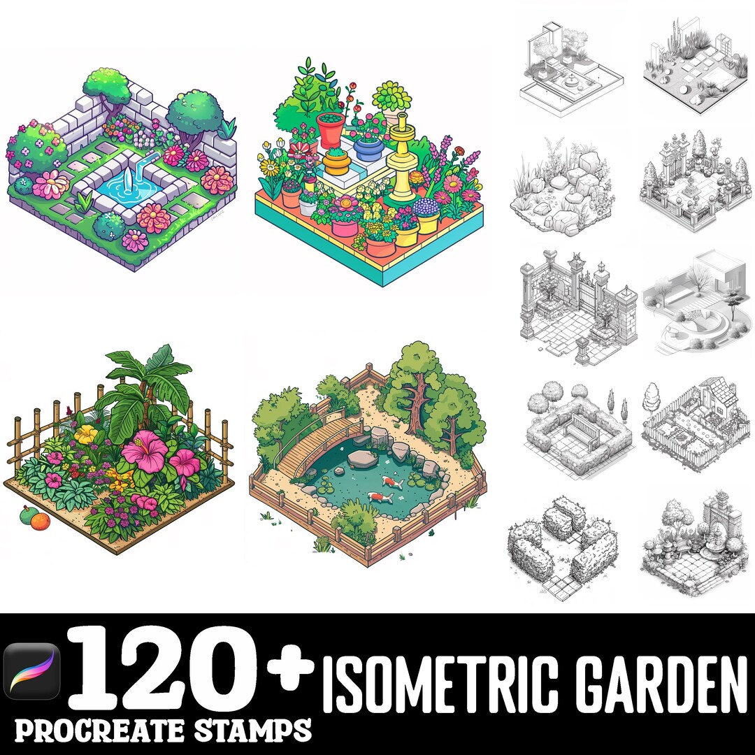 100+ Isometric Garden Procreate Brush Set | Procreate Stamp Brushes ...