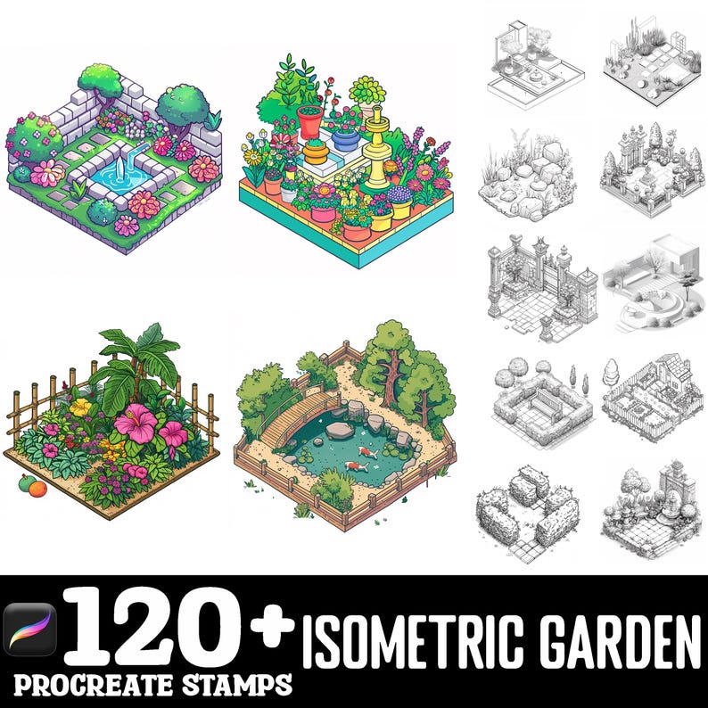 100+ Isometric Garden Procreate Brush Set | Procreate Stamp Brushes ...