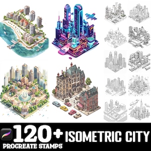 May include: 120+ Isometric City Procreate Stamps. A set of digital stamps featuring various isometric city buildings, including a futuristic cityscape, a traditional neighborhood, and a modern house. The stamps are available in both color and black and white.