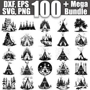 Könnte beinhalten: Eine Sammlung von über 100 Schwarzweiß-Illustrationen von Tipis. Die Illustrationen zeigen verschiedene Designs, darunter Tipis mit Sternen, Bergen und Blumen. Der Text "DXF, EPS, SVG, PNG 100+ Mega Bundle" befindet sich oben im Bild.