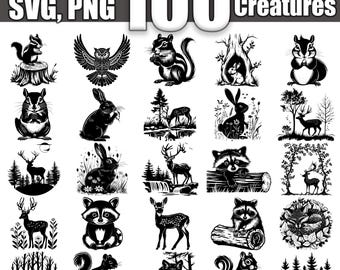Paquete SVG de criaturas del bosque, conjunto de 100, descarga digital instantánea svg png dxf eps