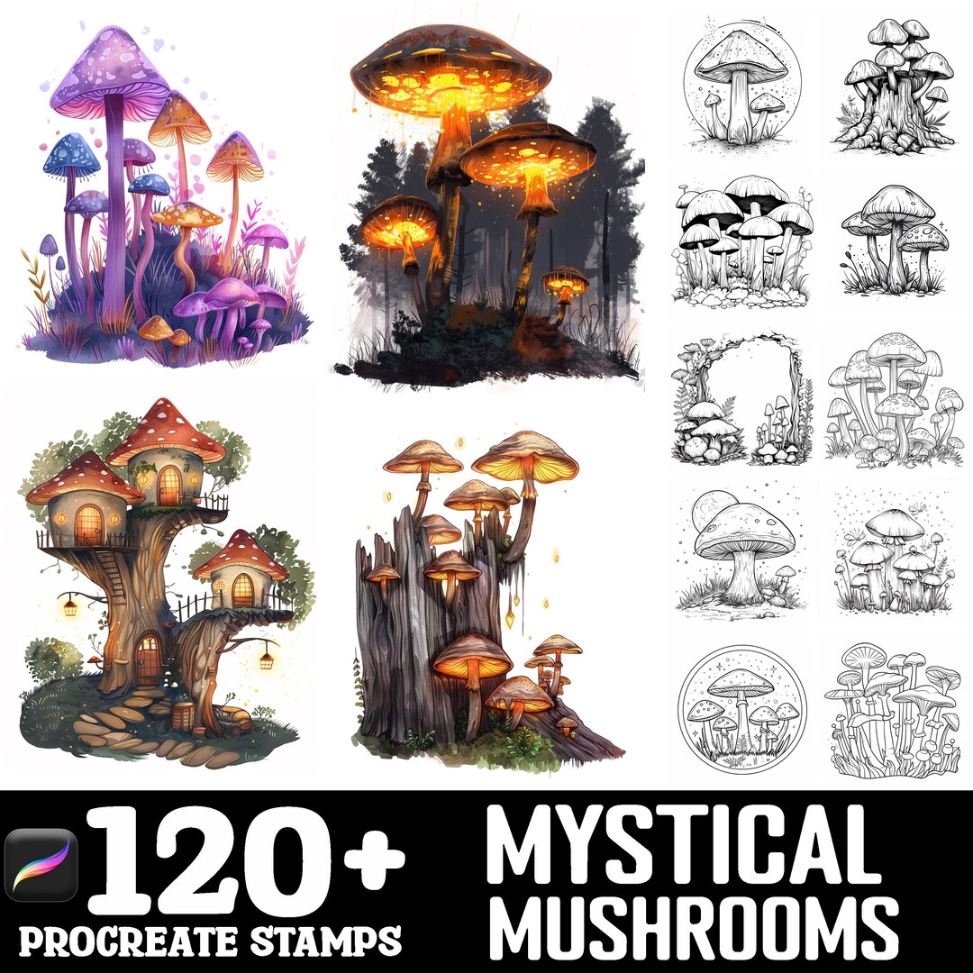100+ Mystical Mushrooms Procreate Brush Set | Procreate Stamp Brushes ...