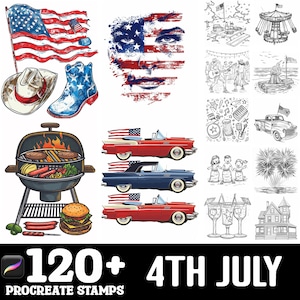 May include: A set of 120+ digital stamps for Procreate featuring 4th of July themed illustrations. The stamps include images of American flags, fireworks, cars, food, and more.