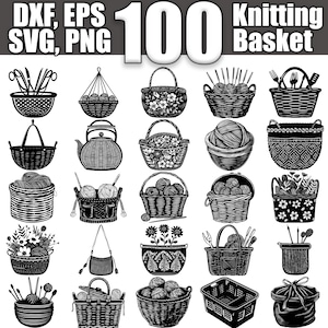 May include: Black and white illustration of 100 knitting basket designs. The image includes various basket styles, some with floral patterns, yarn, knitting needles, and scissors. Text at the top reads "100 Knitting Basket" with file type information.