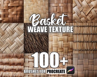 May include: A digital illustration of 100+ Procreate brushes featuring various woven basket textures. The text "Basket Weave Texture" is displayed in a handwritten font. The brushes are ideal for creating realistic basket designs.