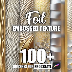Puede incluir: Una ilustración digital de más de 100 texturas en relieve de lámina para Procreate. La imagen muestra una variedad de texturas doradas y plateadas con diferentes patrones.