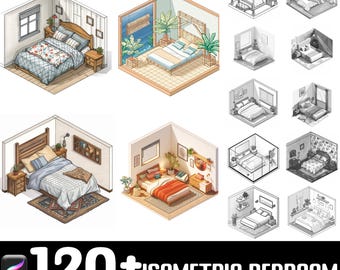Más de 100 pinceles isométricos para dormitorios de Procreate / Pinceles de sellos de Procreate / Descarga digital instantánea