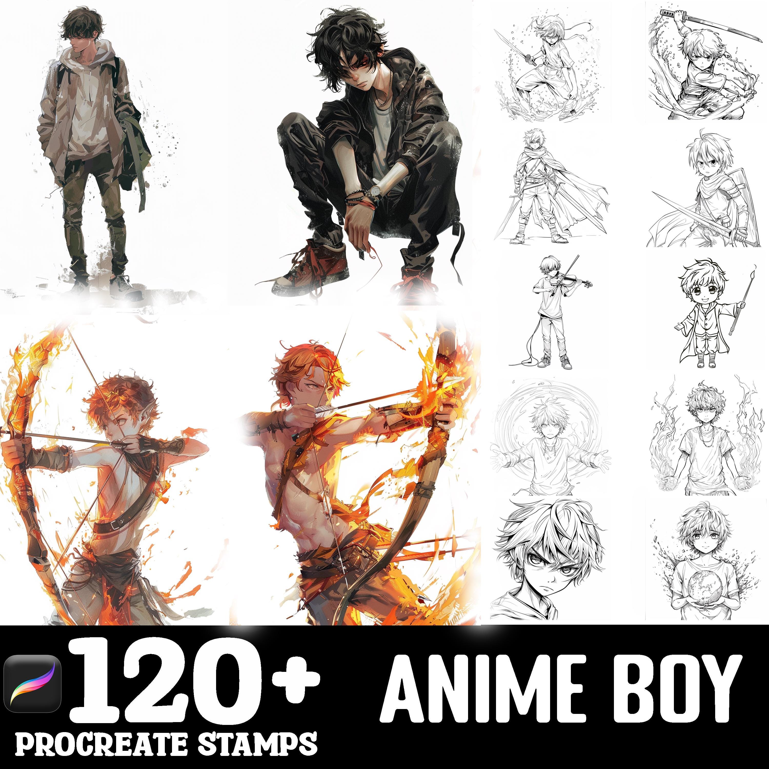 150+ Anime Boy Procreate Brush Set | Stamps For Procreate | Instant Digital Download