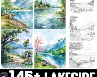 145+ Lakeside Nature Scene Procreate Brush Set | Stamps For Procreate | Instant Digital Download