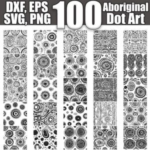 Può includere: Un set di 20 motivi di arte a punti aborigeni in bianco e nero. I motivi sono composti da cerchi e punti. I motivi sono senza cuciture e possono essere utilizzati per una varietà di progetti.