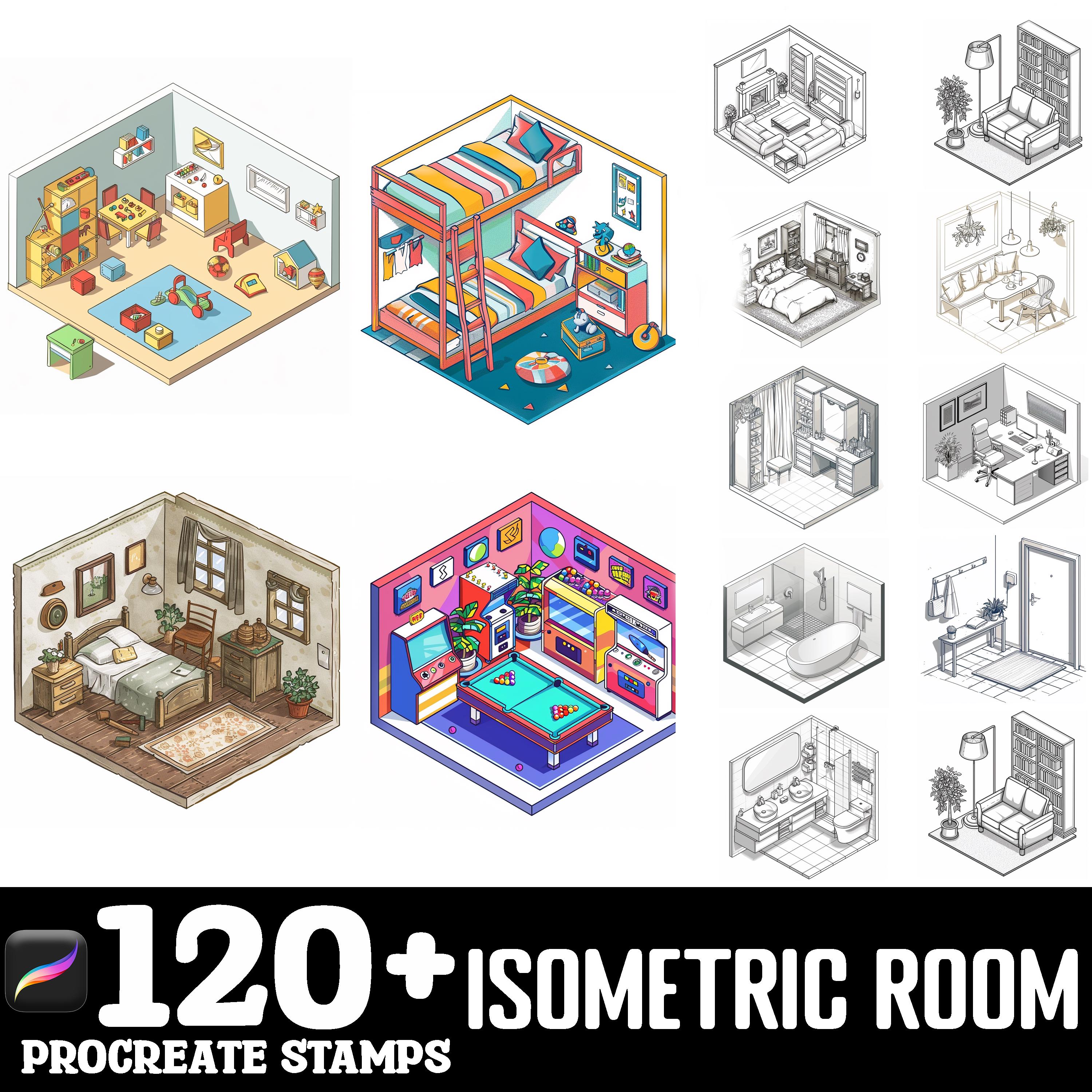 100+ Isometric Room Procreate Brush Set | Procreate Stamp Brushes ...