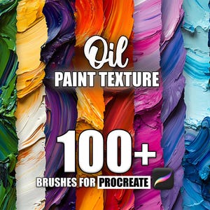 Könnte beinhalten: Eine Sammlung von über 100 Ölfarben-Texturbürsten für Procreate. Das Bild zeigt eine Vielzahl von bunten Pinselstrichen in verschiedenen Farben, darunter Rot, Orange, Gelb, Grün, Blau, Lila und Pink.