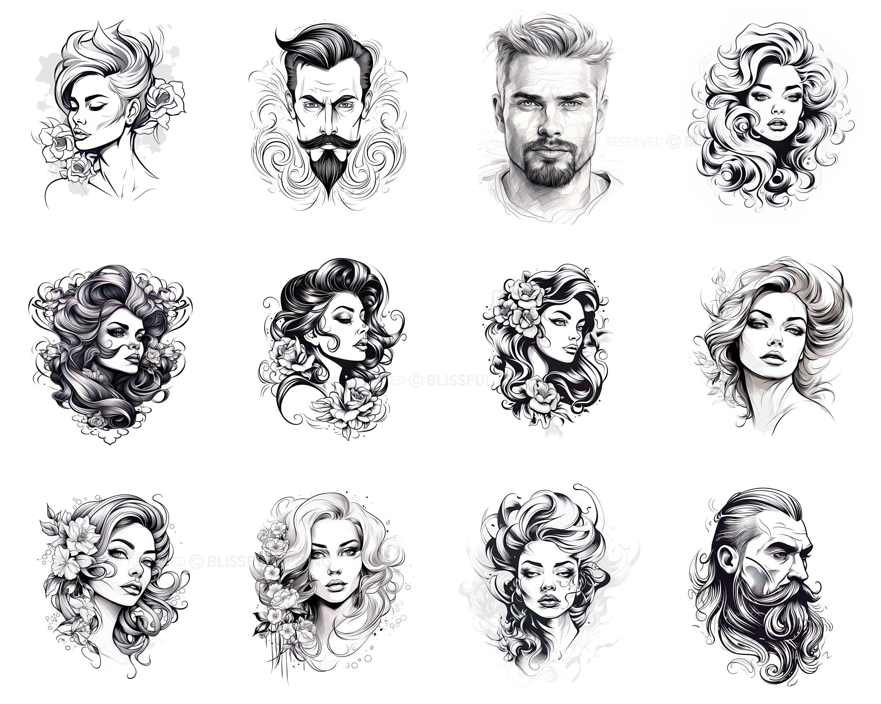 100+ Portrait Tattoo Procreate Brush Set | Unique Tattoo Style Stamp ...