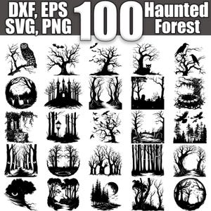 Könnte beinhalten: Ein Set mit 100 Schwarzweiß-Silhouettenbildern von spukhaften Waldszenen. Die Bilder beinhalten Bäume, Eulen, Krähen, Burgen und andere gruselige Elemente. DXF, EPS, SVG, PNG.