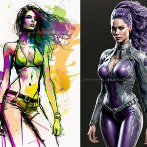 Pu&ograve; includere: Un'illustrazione digitale di una donna in due stili diversi. A sinistra, uno stile astratto e colorato con una donna che indossa un top verde e pantaloncini di jeans. A destra, uno stile pi&ugrave; realistico con una donna che indossa una tuta viola e argento con una coda di cavallo.