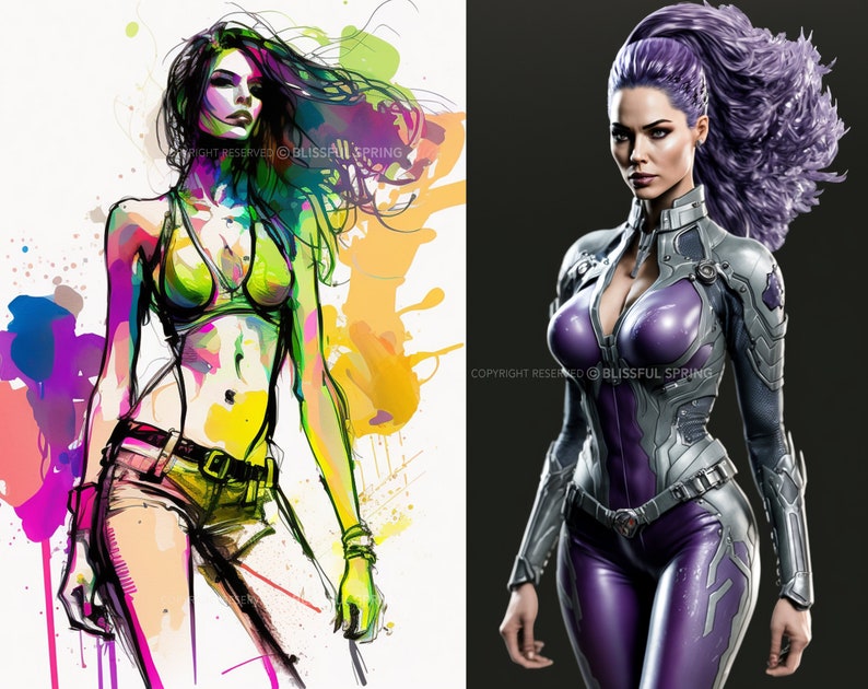 Pu&ograve; includere: Un'illustrazione digitale di una donna in due stili diversi. A sinistra, uno stile astratto e colorato con una donna che indossa un top verde e pantaloncini di jeans. A destra, uno stile pi&ugrave; realistico con una donna che indossa una tuta viola e argento con una coda di cavallo.