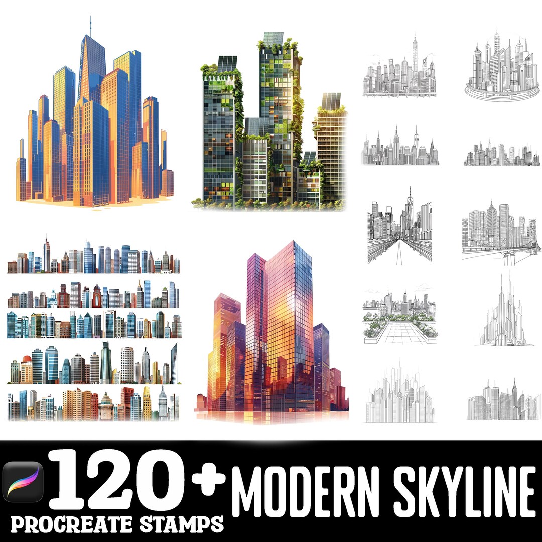 100+ Modern Skyline Procreate Brush Set | Procreate Stamp Brushes ...