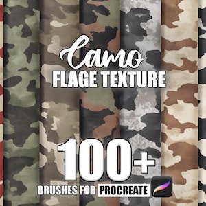 Puede incluir: Una ilustración digital de patrones de camuflaje en varios colores, incluyendo rojo, verde, marrón y negro. El texto "Camouflage Flage Texture 100+ Brushes for Procreate" se muestra en la imagen.