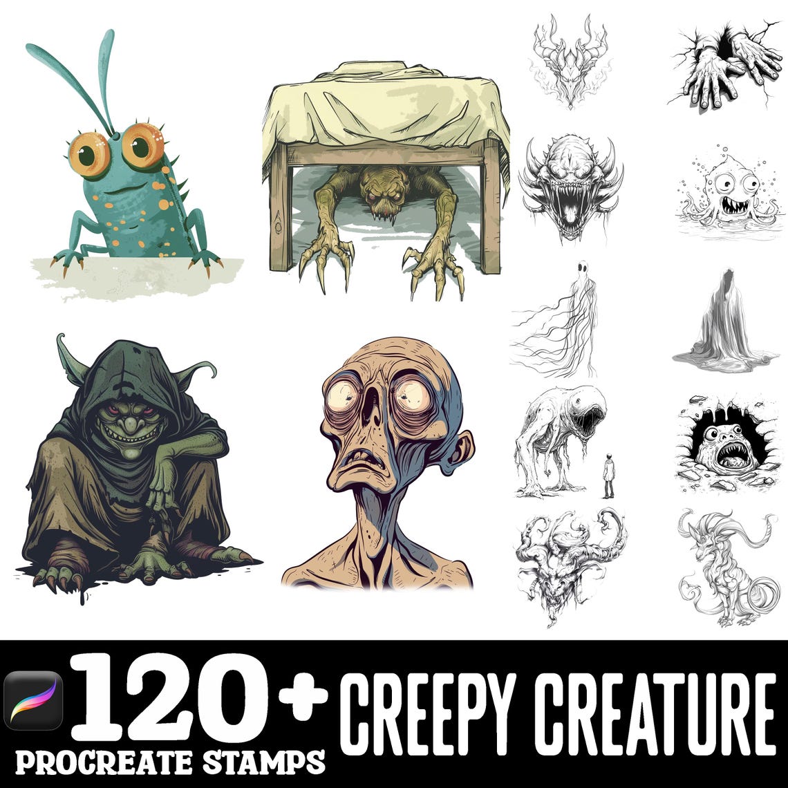 100+ Creepy Creatures Procreate Brush Set | Procreate Stamp Brushes ...