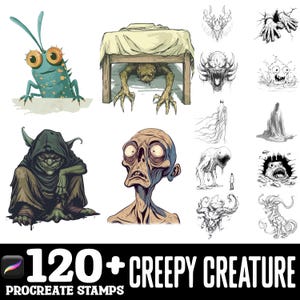 May include: A set of 120+ creepy creature Procreate stamps featuring a variety of spooky and whimsical creatures, including a green bug, a monster under a bed, a zombie, and a ghost.