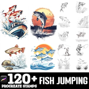 May include: A set of 120+ digital stamps featuring fish jumping out of the water. The stamps are in a variety of styles, including realistic, cartoon, and stylized. The stamps are perfect for adding a touch of whimsy to your digital art projects.