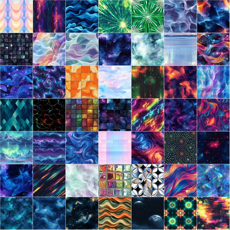 May include: A collage of 36 different abstract digital art designs. The designs feature a variety of colors, patterns, and textures, including swirls, waves, and geometric shapes. The designs are arranged in a grid pattern.