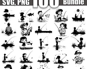 Paquete SVG de pesca para niños, juego de 100, descarga digital instantánea svg png dxf eps