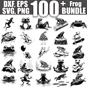 Puede incluir: Una colección de más de 100 ilustraciones de ranas en blanco y negro. Las ranas están en varias poses, incluyendo sentadas, saltando y tocando música. Las ilustraciones son perfectas para usar en manualidades, scrapbooking y otros proyectos creativos.