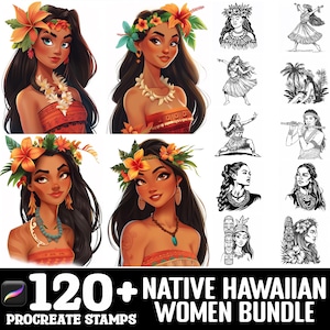 May include: A digital art bundle of 120+ Procreate stamps featuring illustrations of Native Hawaiian women. The stamps include various poses, expressions, and traditional clothing.