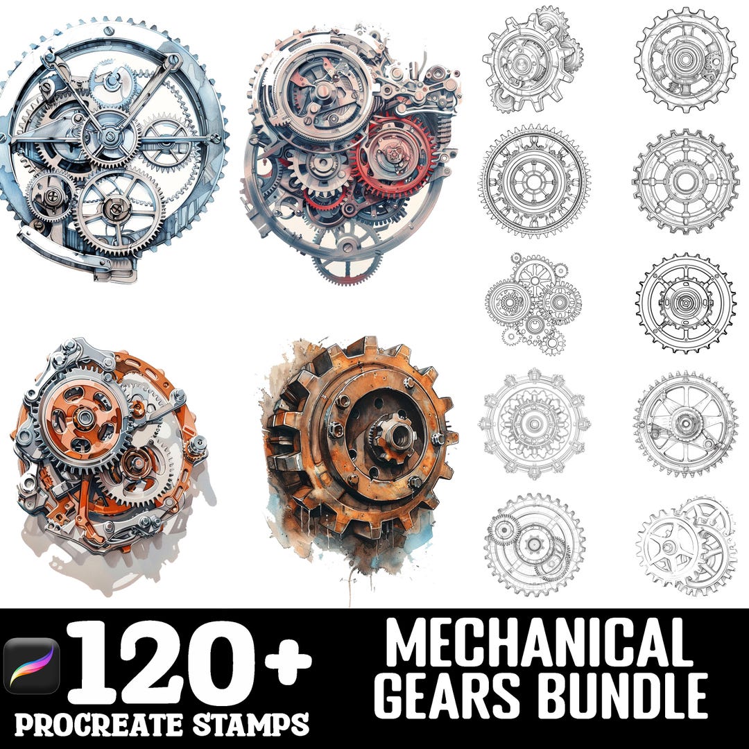 128+ Mechanical Gears Procreate Brush Set | Stamps for Procreate ...