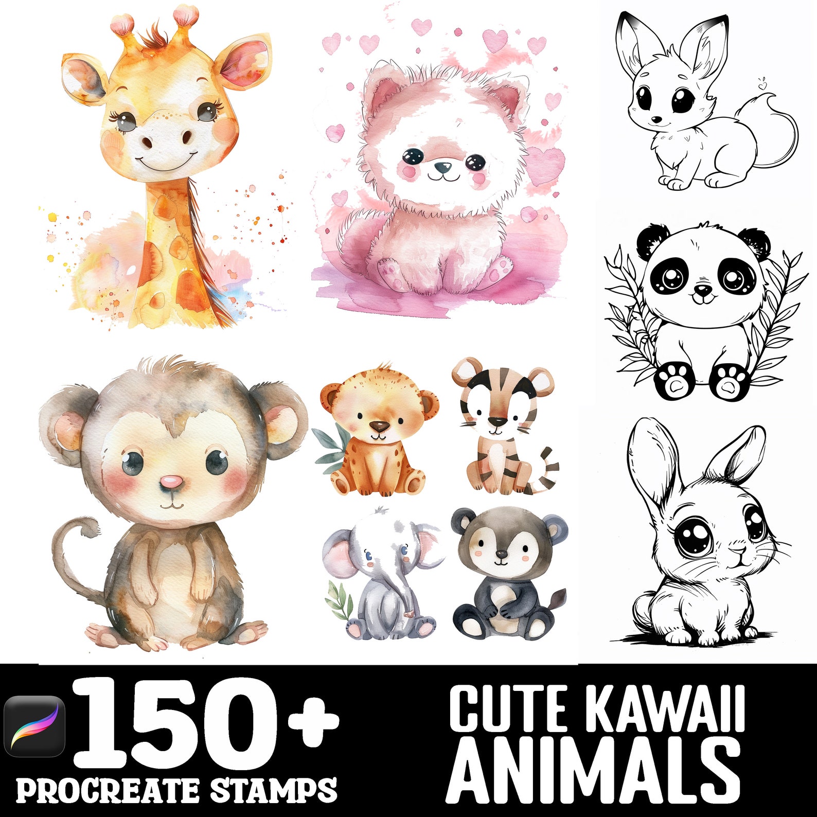 151+ Cute Kawaii Animals Procreate Brush Set | Stamps for Procreate ...