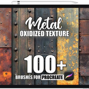 Op de afbeelding: Een digitale illustratie van meer dan 100 metalen geoxideerde textuurpenselen voor Procreate. De afbeelding toont een verscheidenheid aan roestige metalen texturen.