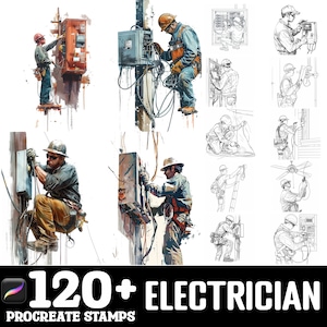 May include: A set of 120+ digital stamps featuring illustrations of electricians working on electrical poles and boxes. The stamps are in both color and black and white.