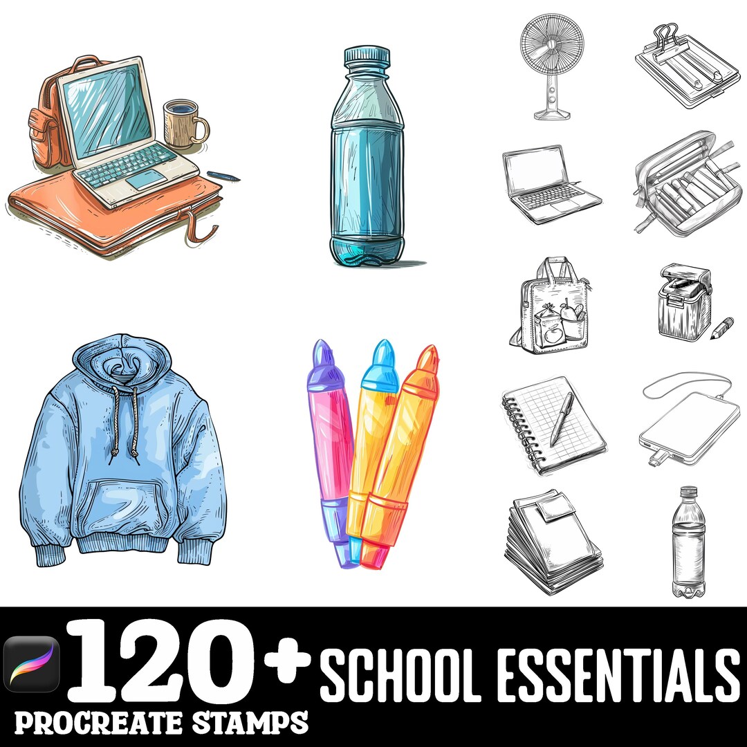 100+ School Essentials Procreate Brush Set | Procreate Stamp Brushes ...