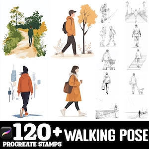 Może przedstawiać: Zestaw ponad 120 cyfrowych znaczków z pozami chodzenia do Procreate. Znaki przedstawiają różne osoby chodzące w różnych pozach i stylach.