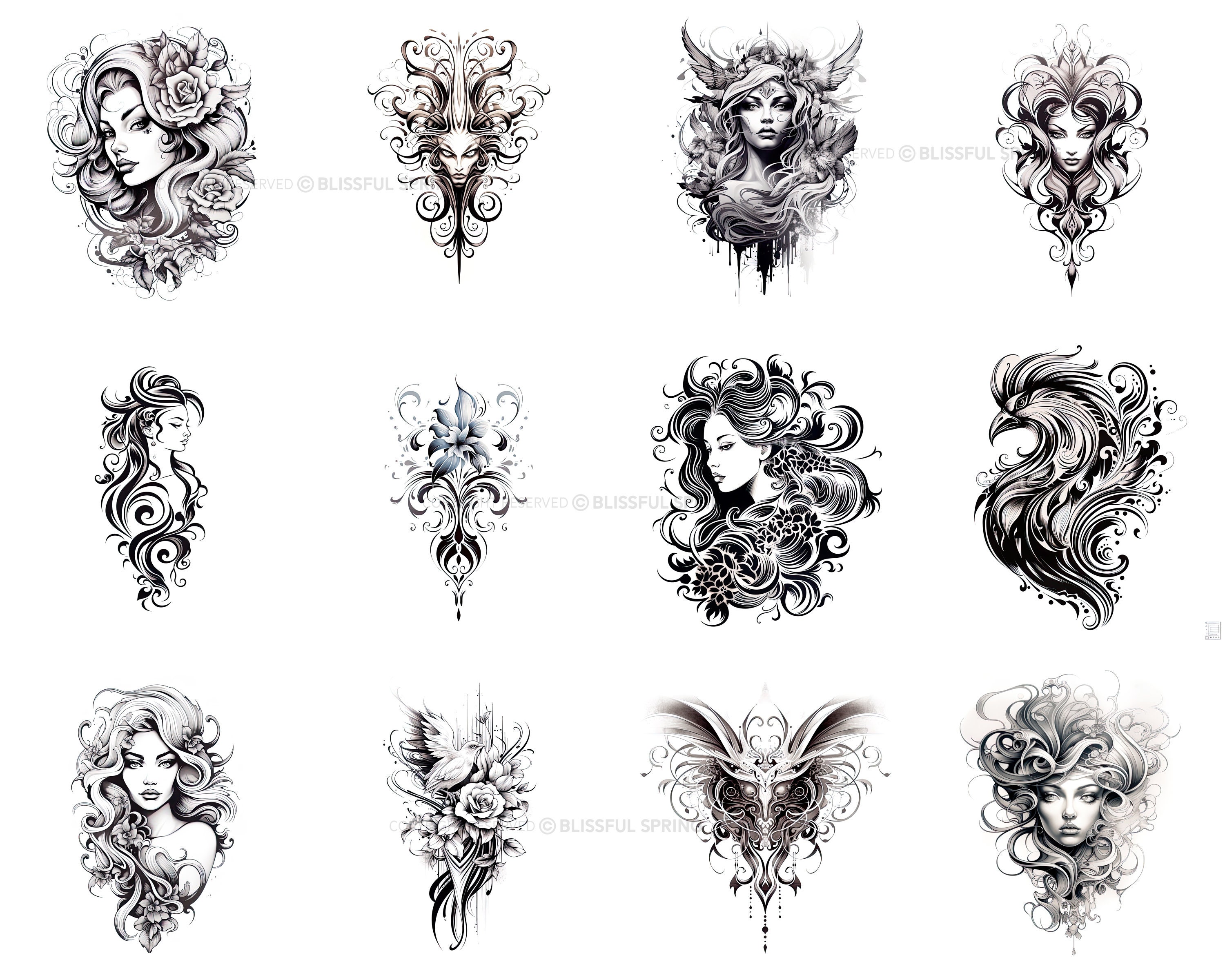 100+ Blackwork Tattoo Procreate Brush Set | Unique Tattoo Style Stamp ...