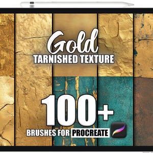 Puede incluir: Una ilustración digital de una pantalla de tableta que muestra un conjunto de más de 100 pinceles de textura dorada desgastada para Procreate. La imagen muestra una variedad de texturas doradas con grietas e imperfecciones.