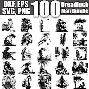 May include: A collection of 100 black and white illustrations of men with dreadlocks in various poses and settings. The illustrations are in a simple, graphic style and depict a variety of activities, such as playing soccer, surfing, and relaxing on the beach.  DXF, EPS, SVG, PNG.