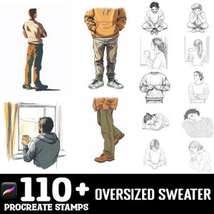 May include: A set of 110+ Procreate stamps featuring illustrations of people wearing oversized sweaters in various poses. The stamps are designed for digital artists and illustrators.