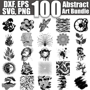 May include: A collection of 100 black and white abstract art designs. The designs include geometric shapes, swirls, and stylized images of animals, plants, and objects.  DXF, EPS, SVG, PNG.