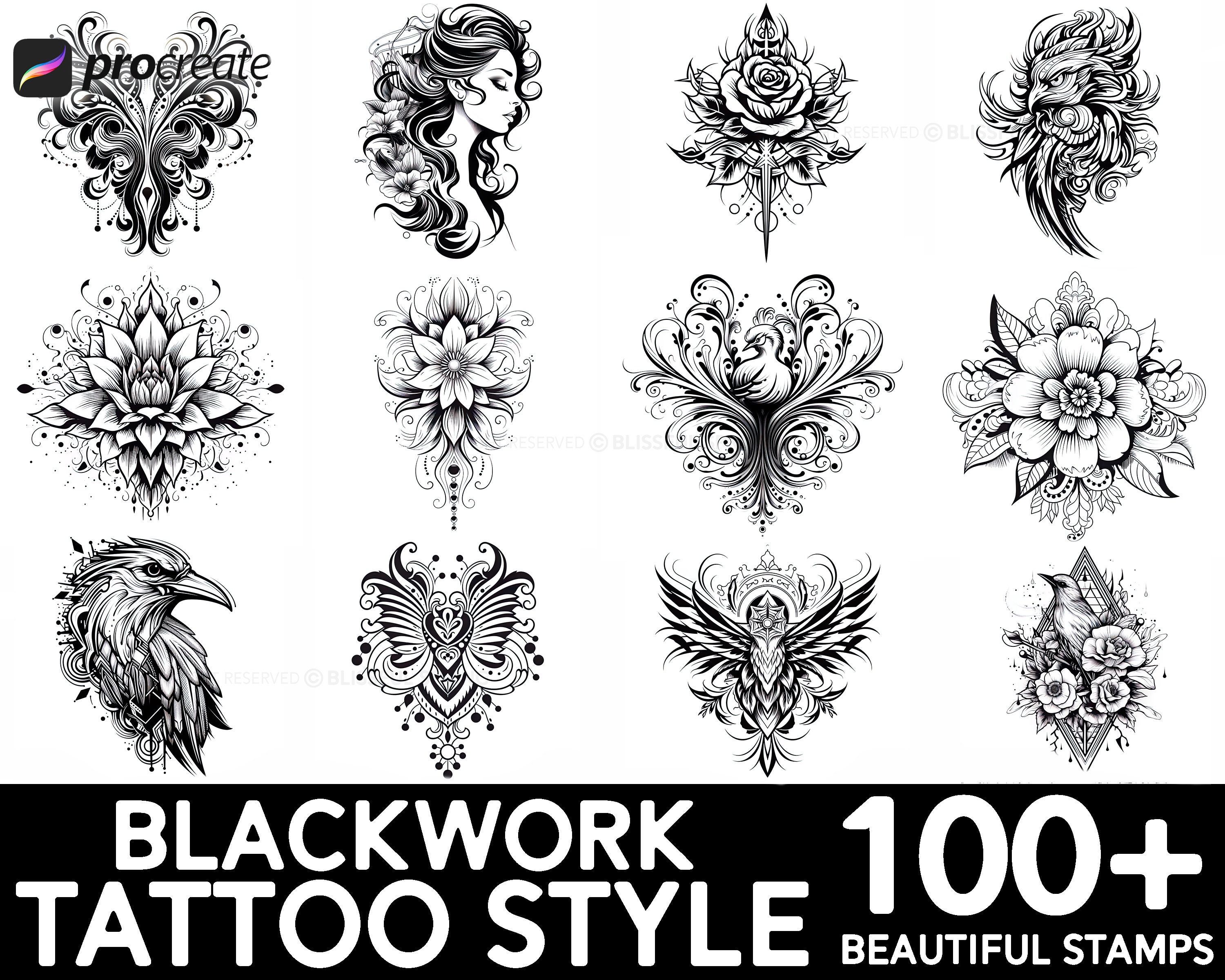 100+ Blackwork Tattoo Procreate Brush Set | Unique Tattoo Style Stamp ...
