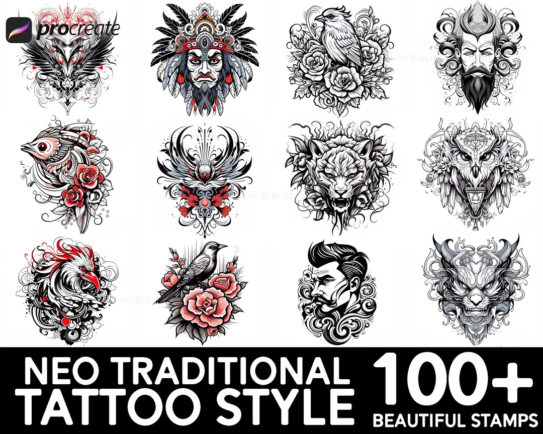 Neo Traditional Tattoo Procreate Brush Set: 100+ Style Stamps (digital ...