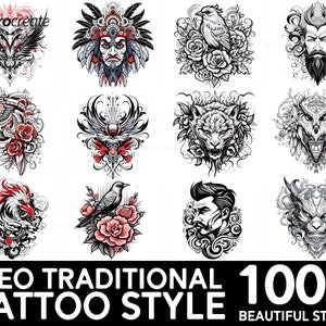100+ Neo Traditional Tattoo Style Procreate Brush Set | Unique Tattoo Style Stamp Brushes | Instant Digital Download